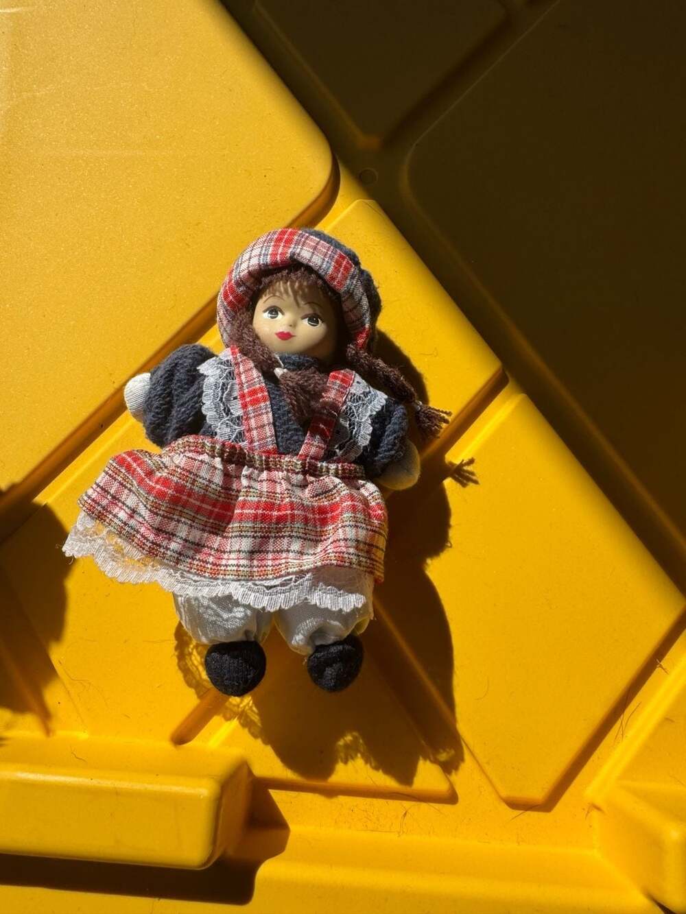 Vintage Porcelain Face Doll Red Plaid Dress Bonnet